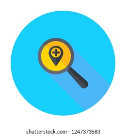 Explore a city location icon. Location magnifier pin pointer search zoom icon
