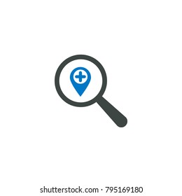 Explore A City Location Icon. Location Magnifier Pin Pointer Search Zoom Icon
