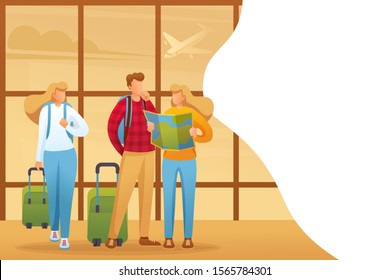 Explore the city map of your holiday, tourists explore the map at the airport. Flat 2D character. Concept for web design.