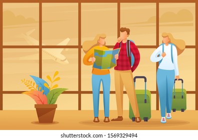 Explore the city map of your holiday, tourists explore the map at the airport. Flat 2D character. Illustration concept for animation and web design.