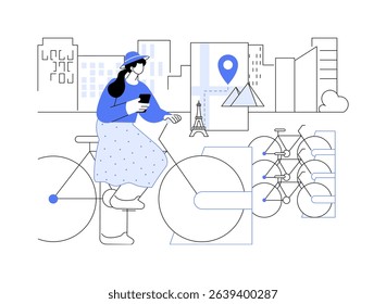 Explore the city on a bike isolated cartoon vector illustrations. Young woman near rental bike when travelling, city trip, cultural experience, people lifestyle, vacation time vector cartoon.