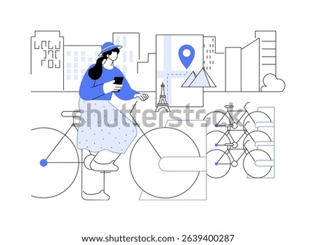 Explore the city on a bike isolated cartoon vector illustrations. Young woman near rental bike when travelling, city trip, cultural experience, people lifestyle, vacation time vector cartoon.