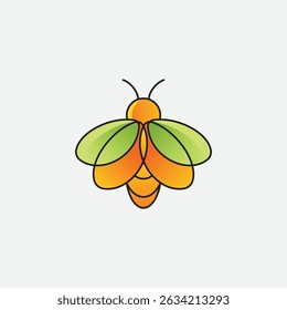 Explore a clean, minimalist fly logo featuring bold geometric lines, lime-green wings, and a glowing orange-to-yellow body. Centered on a white background