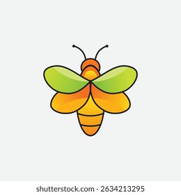 Explore a clean, minimalist fly logo featuring bold geometric lines, lime-green wings, and a glowing orange-to-yellow body. Centered on a white background