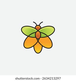 Explore a clean, minimalist fly logo featuring bold geometric lines, lime-green wings, and a glowing orange-to-yellow body. Centered on a white background