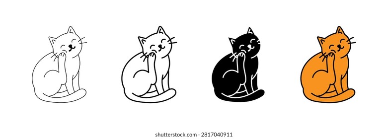 Explore a clean and versatile vector icon set featuring a cute sitting cat happily scratching behind its ear. Presented in four distinct visual styles—thin outline, bold line art, solid black silhouette with white details, and vibrant orange filled color—this set is ideal for web design, app icons, UI elements, stickers, printables, branding, and pet care projects.

#CatGrooming #CatIcons #VectorSet #PetIcons #CuteCat #CatSilhouette #LineArt #IconDesign #GraphicDesign #Clipart