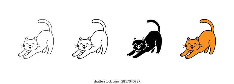 Explore a clean and versatile vector icon set featuring a cute, happy cat stretching its body with a playful smile. Presented in four distinct visual styles—thin outline, bold line art, solid black silhouette, and vibrant orange filled color—this set is ideal for web design, app icons, UI elements, yoga or pet logos, stickers, printables, and creative graphic projects.

#StretchingCat #CatIcons #VectorSet #PetIcons #CuteCat #CatSilhouette #LineArt #IconDesign #GraphicDesign #Clipart