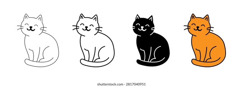 Explore a clean and versatile vector icon set featuring a cute sitting cat with a happy, cheerful smile. Presented in four distinct visual styles—thin outline, bold line art, solid black silhouette with white details, and vibrant orange filled color—this set is ideal for web design, app icons, UI elements, stickers, printables, branding, and pet care projects.

#HappyCat #CatIcons #VectorSet #PetIcons #CuteCat #CatSilhouette #LineArt #IconDesign #GraphicDesign #Clipart