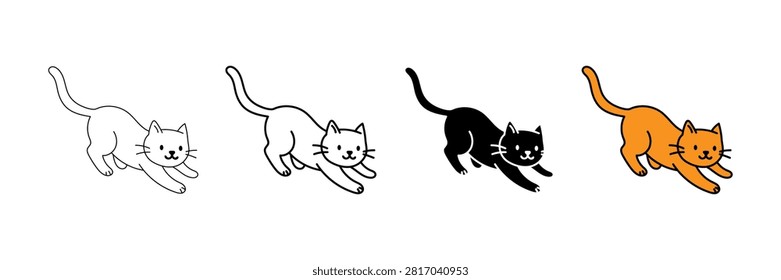 Explore a clean and versatile vector icon set featuring a cute pouncing cat ready to play or leap forward. Presented in four distinct visual styles—thin outline, bold line art, solid black silhouette with white accents, and vibrant orange filled color—this set is ideal for web design, app icons, UI elements, stickers, printables, branding, and creative graphic projects.

#PouncingCat #CatIcons #VectorSet #PetIcons #CuteCat #CatSilhouette #LineArt #IconDesign #GraphicDesign #Clipart