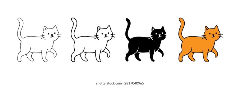 Explore a clean and versatile vector icon set featuring a cute walking cat taking a playful step forward. Presented in four distinct visual styles—thin outline, bold line art, solid black silhouette, and vibrant orange filled color—this set is ideal for web design, app icons, UI elements, stickers, printables, branding, and creative graphic projects.

#WalkingCat #CatIcons #VectorSet #PetIcons #CuteCat #CatSilhouette #LineArt #IconDesign #GraphicDesign #Clipart