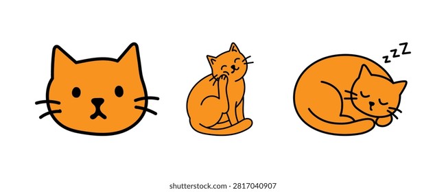 Explore a clean and versatile vector illustration set featuring a cute orange ginger cat in three distinct poses: a cat face portrait, a happy sitting cat scratching its ear, and a curled-up cat sleeping peacefully with 