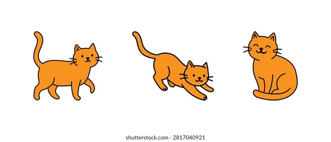 Explore a clean and versatile vector illustration set featuring a cute orange ginger cat in three distinct poses: stepping forward while walking, pouncing with an active pose, and sitting happily with a cheerful smile. With bold black outlines and vibrant orange fills, this collection is ideal for web design, app icons, UI elements, stickers, printables, scrapbooking, and pet-themed creative projects.

#GingerCat #OrangeCat #CatIcons #VectorSet #PetIcons #CuteCat #CatIllustration #IconDesign #GraphicDesign #Clipart