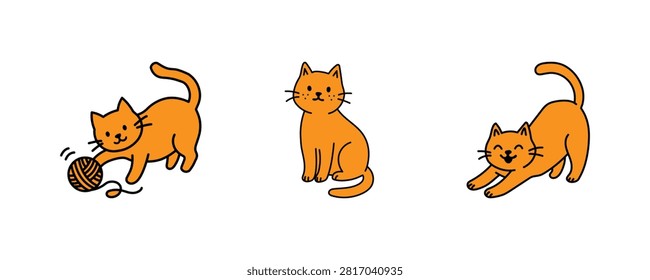 Explore a clean and versatile vector illustration set featuring a cute orange ginger cat in three distinct poses: playing with a ball of yarn, sitting attentively with cute freckled cheeks, and happily stretching its body. With bold black outlines and vibrant orange fills, this collection is ideal for web design, app icons, UI elements, stickers, printables, scrapbooking, and pet-themed creative projects.

#GingerCat #OrangeCat #CatIcons #VectorSet #PetIcons #CuteCat #CatIllustration #IconDesign #GraphicDesign #Clipart