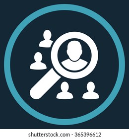 Explore Client vector icon. Style is bicolor flat circled symbol, blue and white colors, rounded angles, dark blue background.