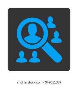 Explore Clients vector icon. Style is flat rounded square button, blue and gray colors, white background.