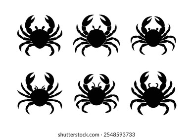Explore uma coleção de vetores de silhueta de caranguejo de alta qualidade com um fundo branco limpo, perfeito para projetos de design, logotipos e ilustrações.