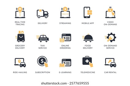 Explore a collection of ondemand icons covering services like streaming, food delivery, online ordering, telemedicine, and more to enhance your digital projects