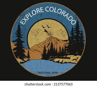 Explore Colorado lake vintage print design for t shirt and others. National park graphic artwork for sticker, poster, background. 