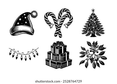 Explore a comprehensive collection of Christmas design elements, featuring vector silhouettes of Christmas hats, trees, lights, and gift boxes. These versatile and high-quality vector graphics