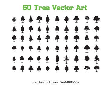 Explore a comprehensive collection of sixty detailed tree silhouettes, perfect for enhancing your nature-themed designs. This versatile vector set provides a diverse range of tree designs