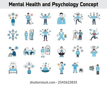 Explore a comprehensive concept set on mental health and psychology, featuring illustrations and icons representing various mental health issues, psychological disorders, therapy approaches,