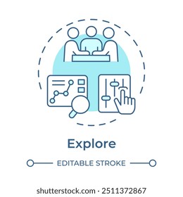 Explore concept icon. Workflow organization, commercial. Corporate methodology. Round shape line illustration. Abstract idea. Graphic design. Easy to use in infographic, presentation