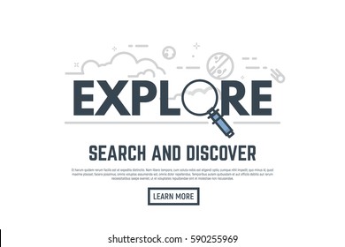 Explore concept placard. Big magnifying glass, sky with clouds, planets, stars and satellite. Thin line style banner. Trendy vector with word.