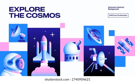 Explore the Cosmos Banner with Rocket Launch and Astronomy Technology Elements - Futuristic Space Vector Illustration