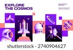 Explore the Cosmos Modern Banner with Rocket Launch and Satellite Orbit - Astronomy Science Vector Illustration