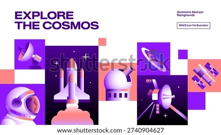 Explore the Cosmos Modern Banner with Rocket Launch and Satellite Orbit - Astronomy Science Vector Illustration