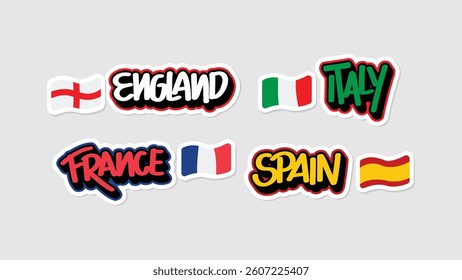 Explore the Country Sticker Series: Bold Typography Meets Vibrant Flag Designs, All in Vector Style!