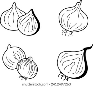 Explore the culinary essence of onions in this black and white vector lineart. Ideal for culinary designs, this monochrome illustration captures the simplicity and versatility of this kitchen staple.