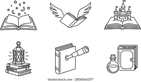 Explore a delightful array of book inspired line art icons representing fantasy knowledge and wonder