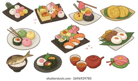 Explore uma deliciosa variedade de comida japonesa, desde mochi colorido e sushi fresco a peixes salgados e doces delicados, capturando arte culinária autêntica.