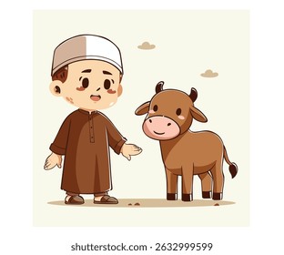 Explore a delightful Eid Adha cartoon illustration featuring a Muslim boy and a cow, perfect for celebrating the holiday with children. Embrace the festive spirit with this charming image.