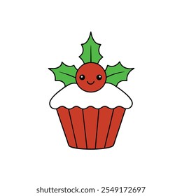 Explore a delightful Holly Jolly Cupcake vector illustration in detailed line art and silhouette styles. Perfect for logos, icons, clipart, and creative projects. Ideal for microstock platforms