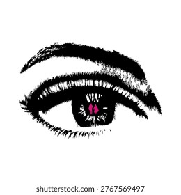 Explore the depths of human emotion and connection with this unique conceptual vector illustration. The design features a beautifully detailed, hand-drawn human eye with a striking silhouette of a romantic couple standing together inside the pupil. This powerful visual metaphor represents concepts like having someone in your eyes, cherished memories, the vision of a shared future, and the deep insight of love.

Provided as a fully editable EPS vector file, this asset is a must-have for professional designers working on emotive and storytelling projects. The high-contrast black ink style is accented with a touch of pink for the couple, making it a perfect focal point for book covers, psychological articles, wedding invitations, Valentine's Day graphics, and modern social media content. Its clean lines and symbolic nature ensure it resonates with audiences looking for artistic and thought-provoking imagery.

The vector quality allows for seamless scaling to any size without losing the organic, sketched feel of the eye. Whether you are creating a digital banner for a relationship blog or a large-scale print for an art gallery, this illustration provides a professional and deeply meaningful aesthetic. Use this creative graphic to add a layer of emotional complexity and visual interest to your next design masterpiece.

Abstract Hand-Drawn Eye Vector Illustration with Romantic Couple Silhouette in Pupil - Conceptual Vision of Love and Relationship Background.
