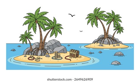Explore um paraíso de ilha tropical deserta e descubra um baú de tesouro escondido cheio de riquezas