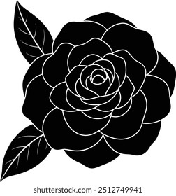 Explore un Vector de silueta de Regalías detallado de una flor de camelia realista, ideal para diseños creativos sofisticados e inspirados en la naturaleza.