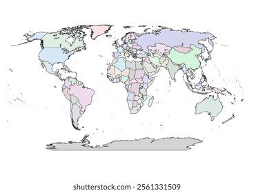 Explore a detailed vector illustration of a world map featuring continents, countries, and oceans in vibrant colors. Perfect for education, business, design, and global geography projects.