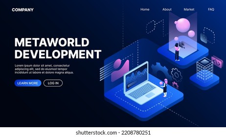 Entdecken Sie Entwicklung. Metaverse. Vorlage für Landing Page. Vektorgrafik