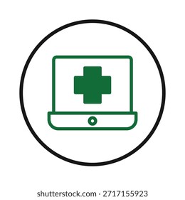 Soluciones de salud digital Explore a través de un símbolo de computadora portátil con una cruz médica, que muestra el uso de la tecnología para la atención médica en línea, la asistencia y la Asistencia. Este elemento gráfico representa