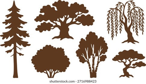 Explore uma coleção diversificada de silhuetas de árvores, mostrando a beleza natural e as formas variadas de vida arbórea essenciais para conceitos ambientais e de design