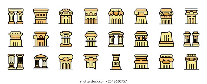Explorar diversos ícones de colunas representando o suporte arquitetônico, a estética clássica e as estruturas históricas