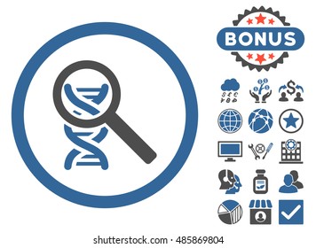 Explore DNA icon with bonus design elements. Vector illustration style is flat iconic bicolor symbols, cobalt and gray colors, white background.