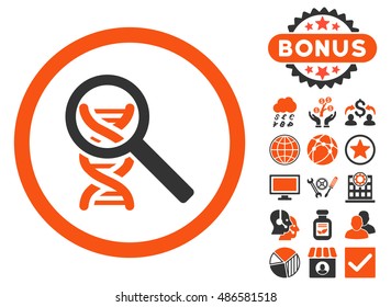 Explore DNA icon with bonus images. Vector illustration style is flat iconic bicolor symbols, orange and gray colors, white background.