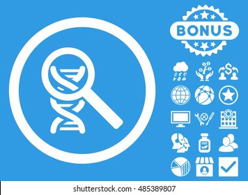 Explore DNA icon with bonus pictures. Vector illustration style is flat iconic symbols, white color, blue background.