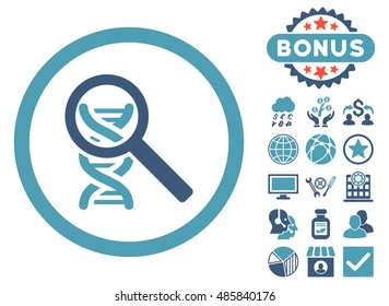 Explore DNA icon with bonus symbols. Vector illustration style is flat iconic bicolor symbols, cyan and blue colors, white background.
