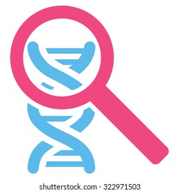 Explore Dna vector icon. Style is bicolor flat symbol, pink and blue colors, rounded angles, white background.