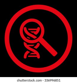 Explore DNA vector icon. Style is flat rounded symbol, red color, rounded angles, black background.